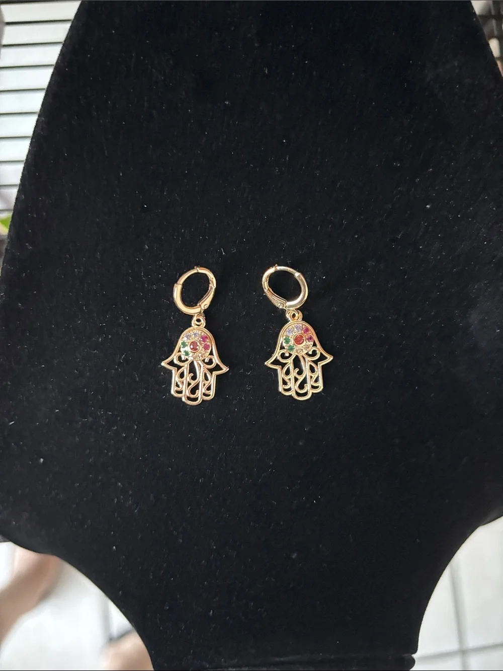 Gold Hamsa Drop Earrings with Multicolor Stones